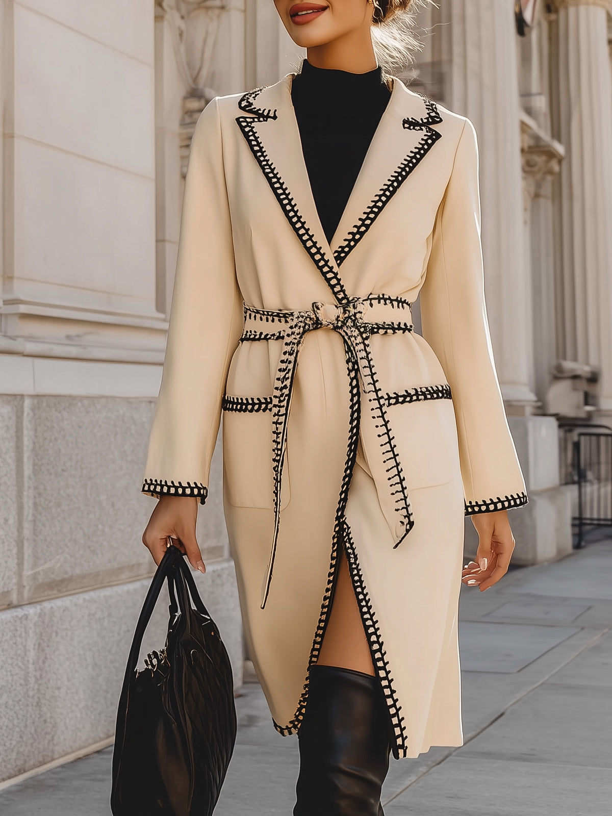 Black Trim Apricot Lace-up Coat