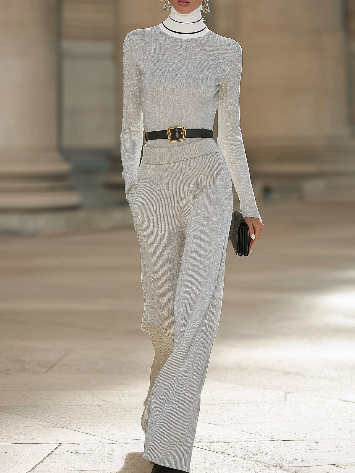 Stylish Light Silver Knit Ensemble (Without Belt)