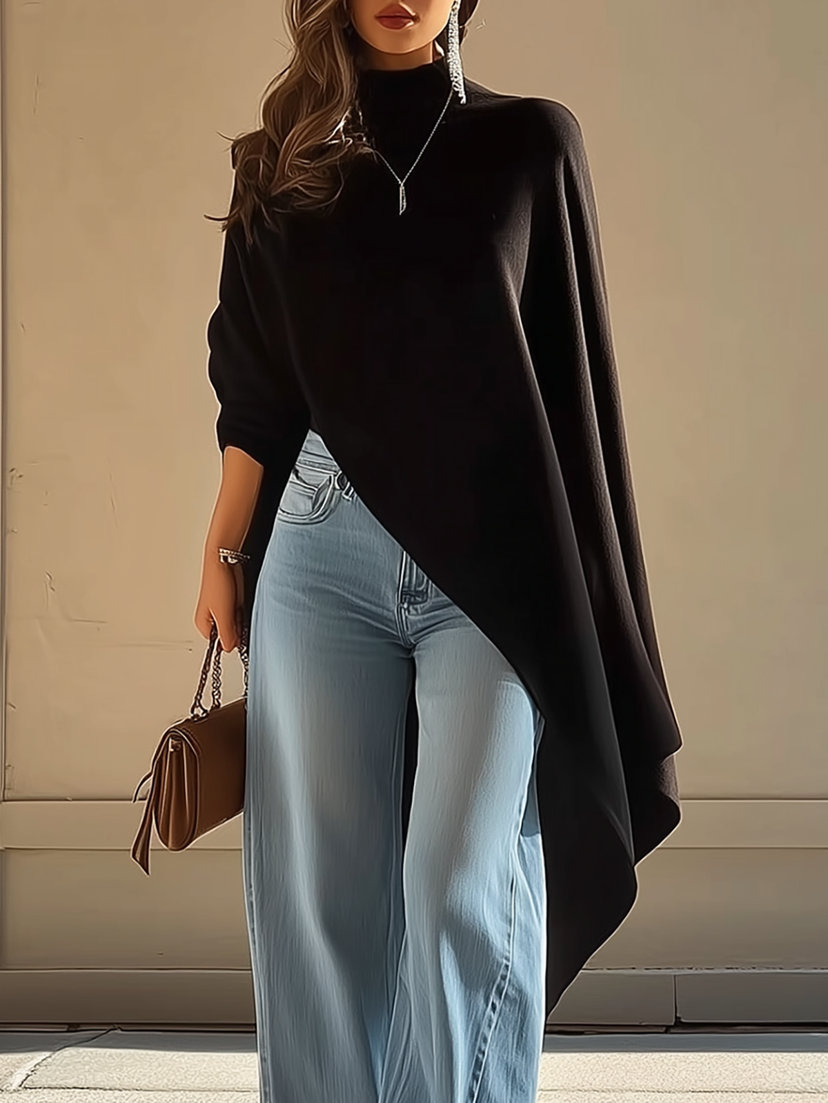 Black Asymmetric Hem Turtleneck Knit Top