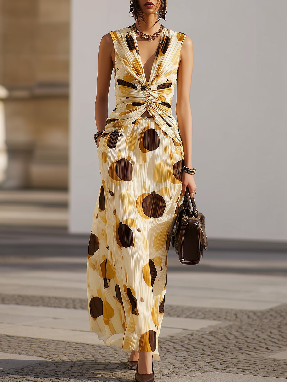 Cream Yellow Printed Chiffon Two Piece Set