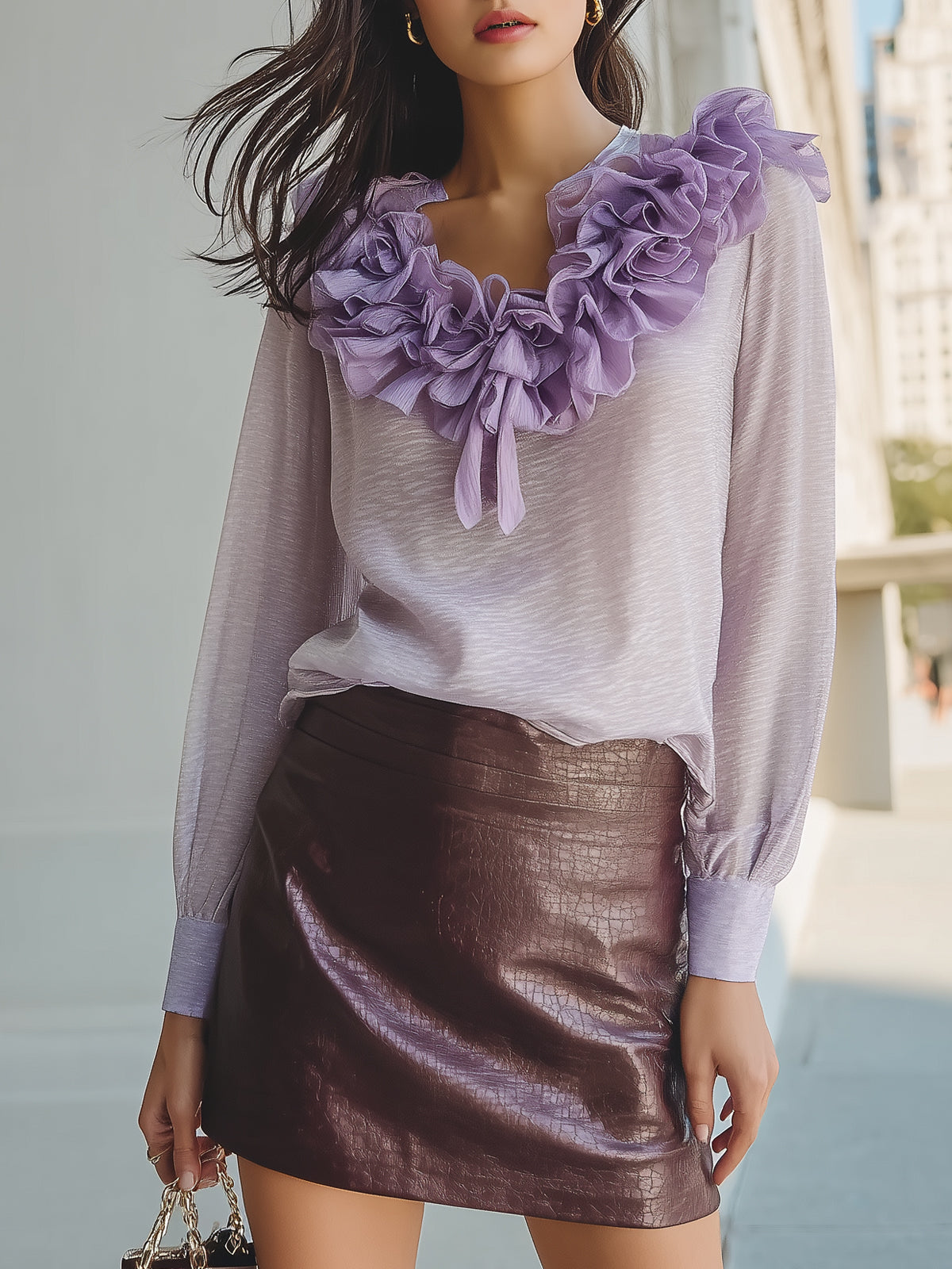 Purple Ruffled PU Skirt Set