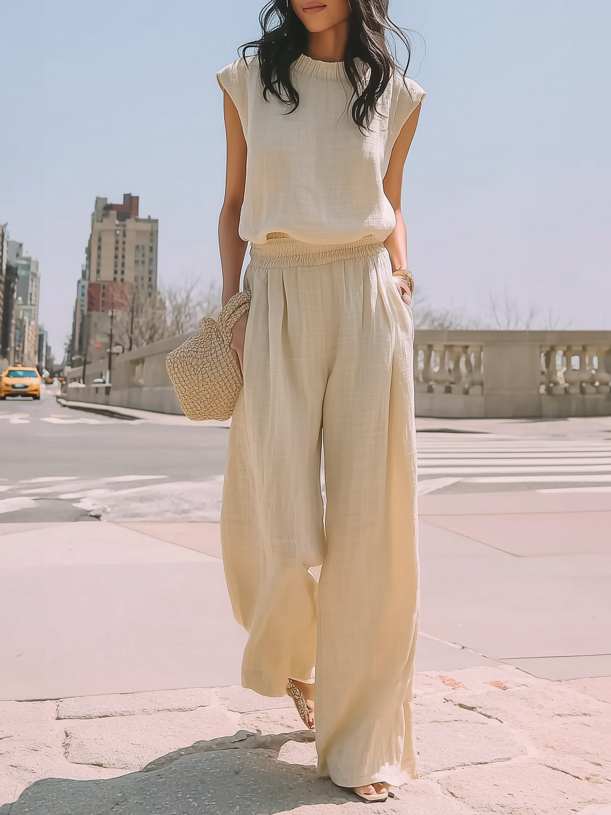 Sleeveless Minimalist Wide-leg Linen Suit