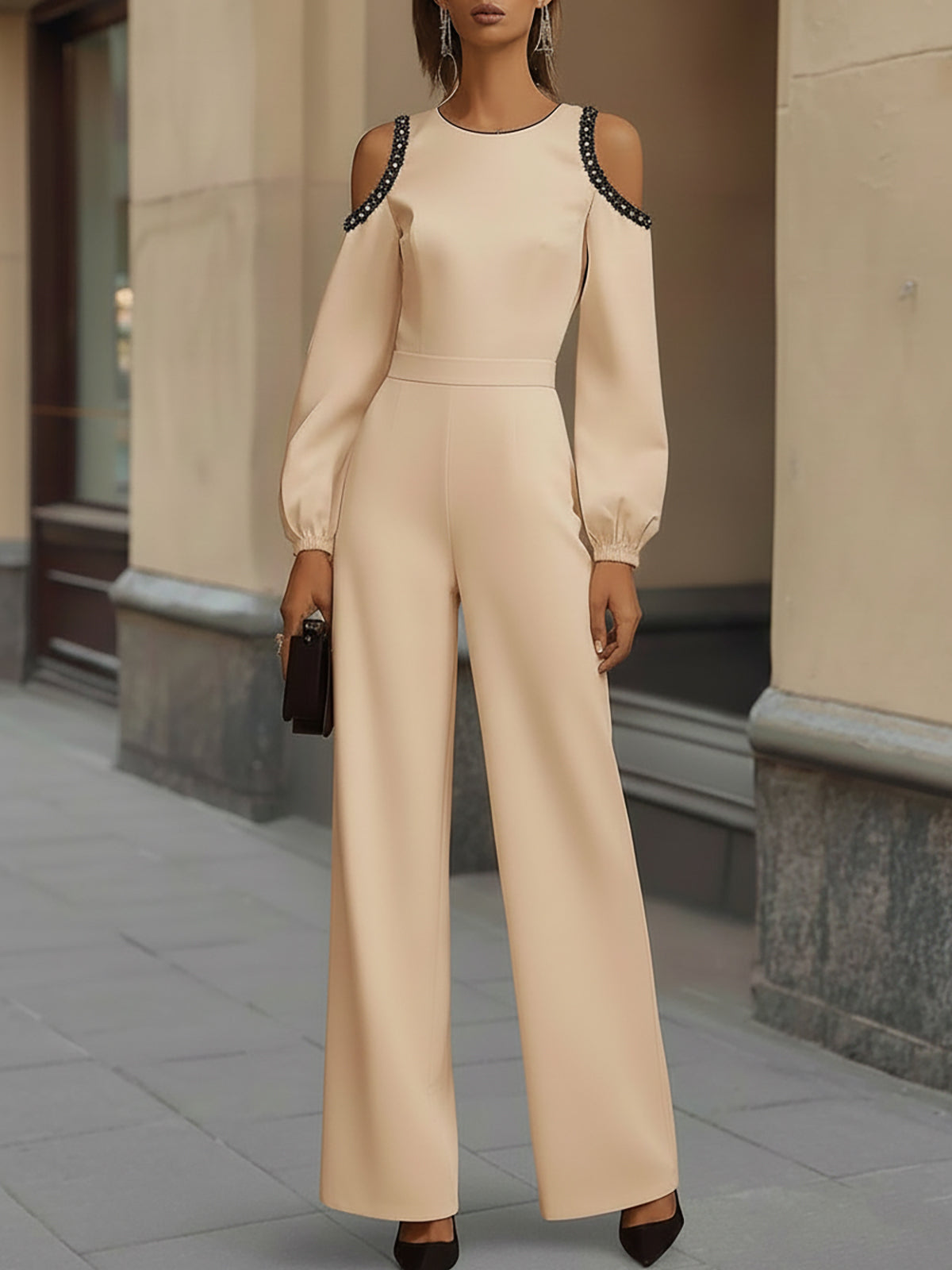 Elegant Light Beige Cold Shoulder Jumpsuit