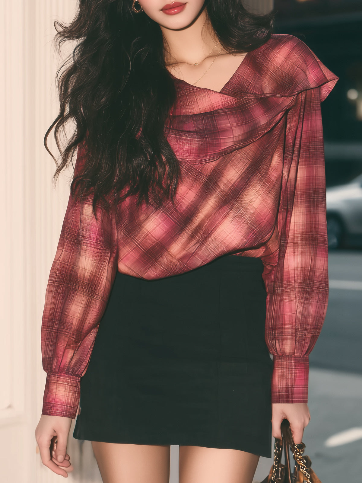 Red Plaid Puff-sleeved Top And Black Skirt Set