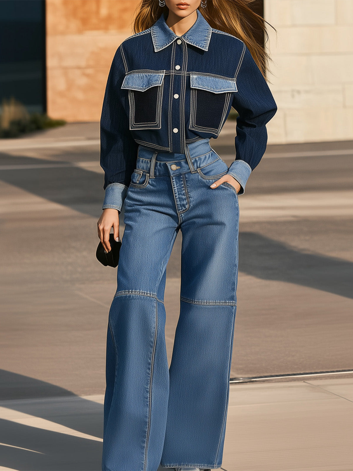 Color Block Denim Jacket Trousers Set