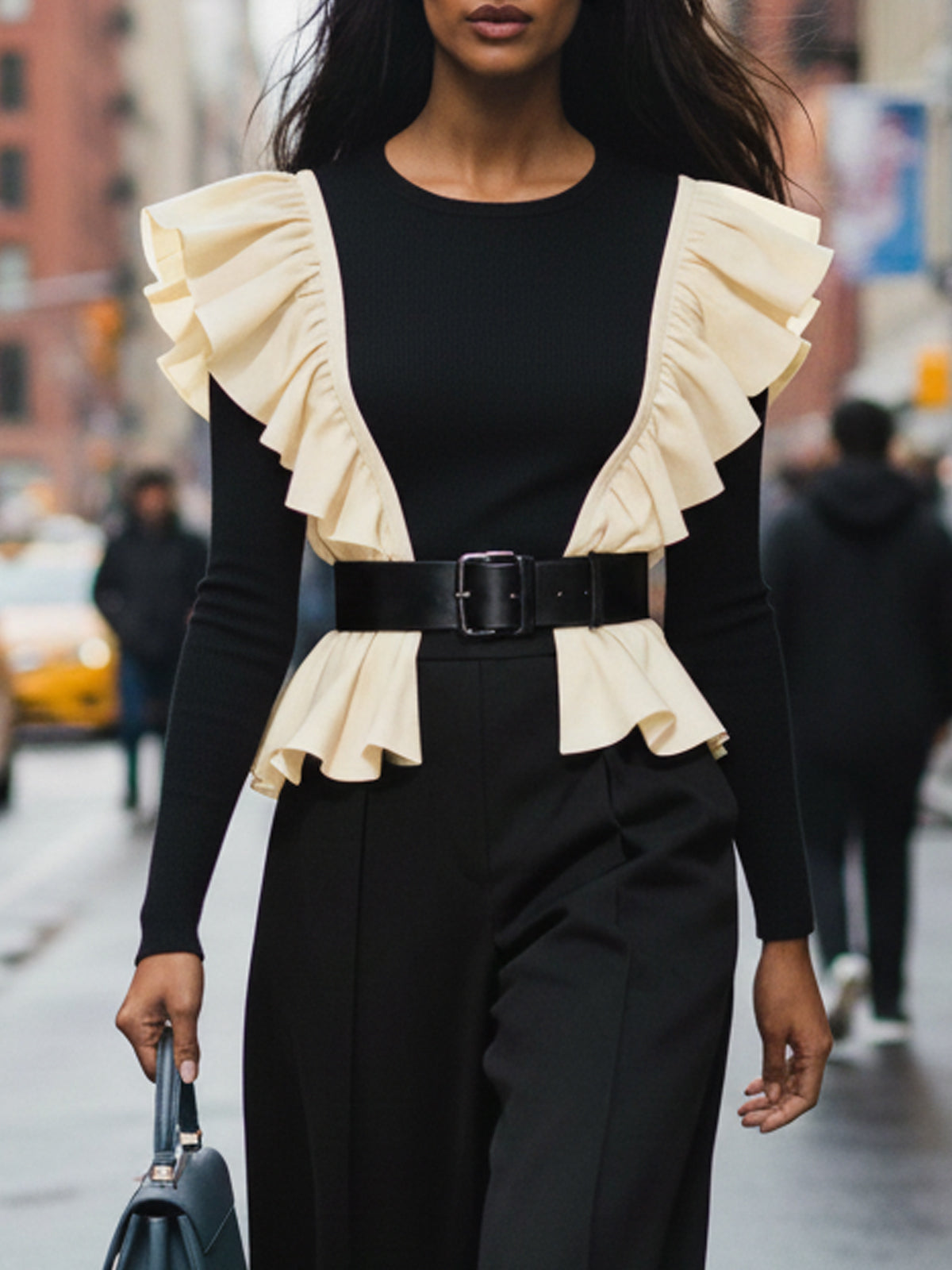 Black Apricot Ruffled Waist-cinching Top