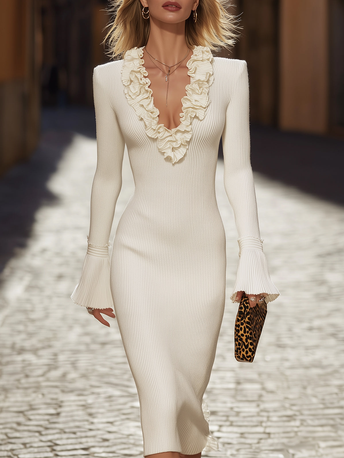 Creamy White Knit Dress With Ruffled Neckline