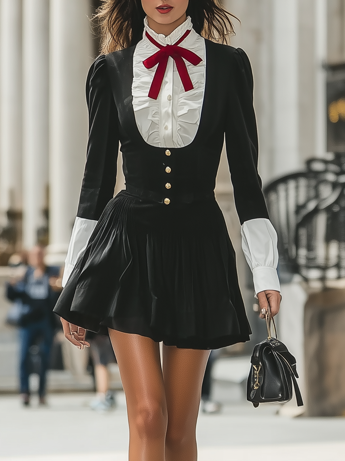 Black Dress With White Ruffle Bib And Red Bow