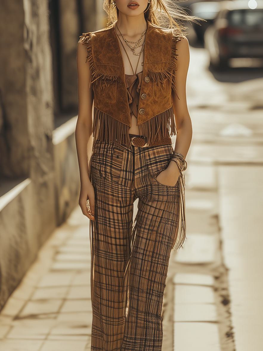 Boho Fringe Vest Plaid Trousers Ensemble