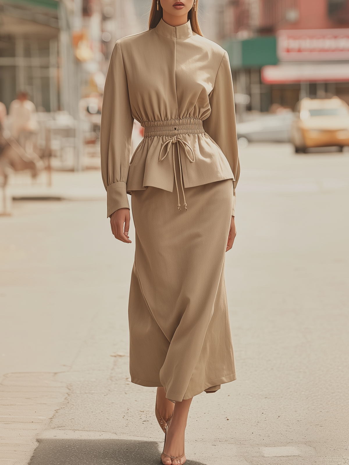 Beige Smocked - Waist Midi Skirt Set