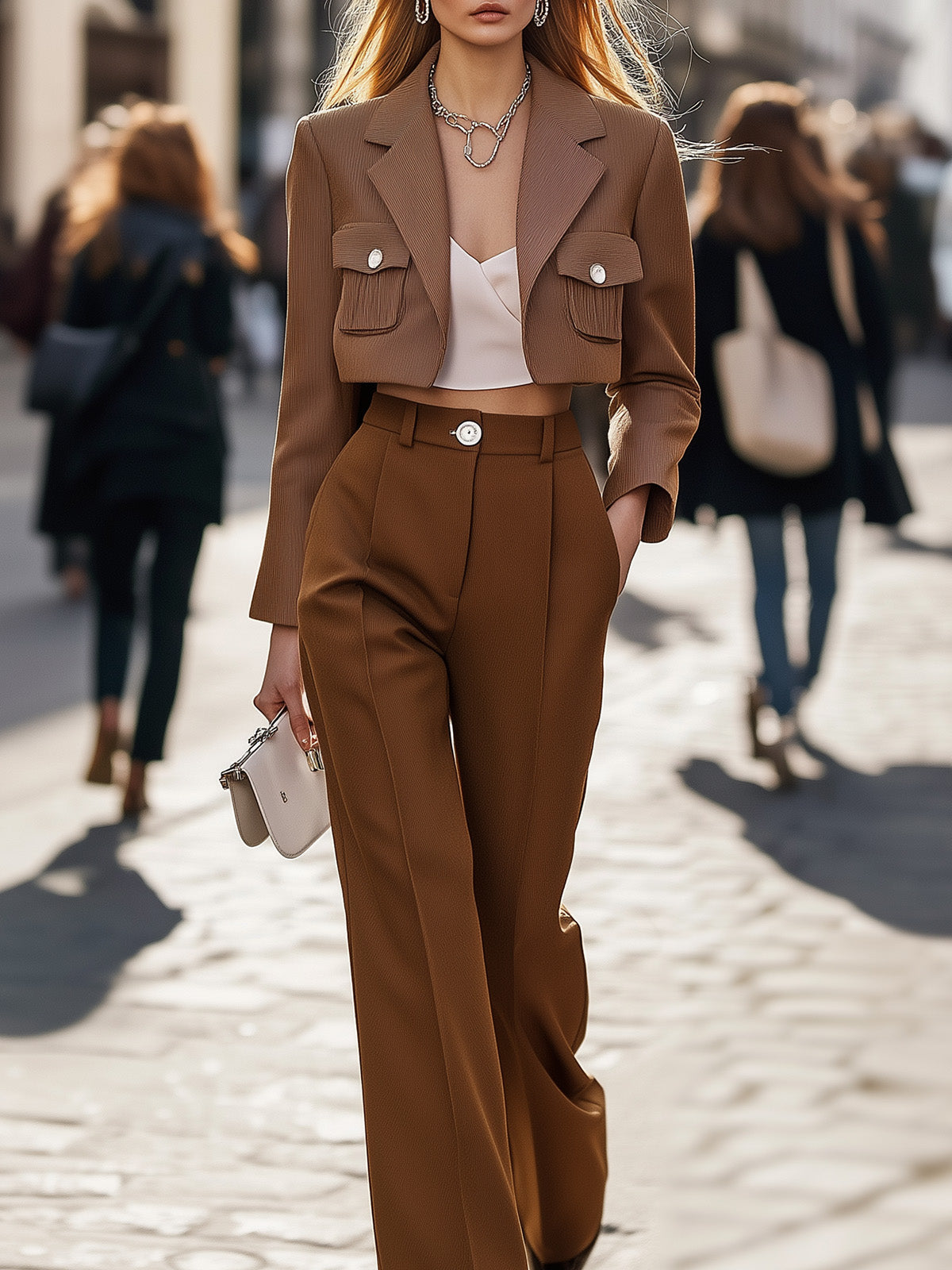 Stylish Brown Cropped Suit Set