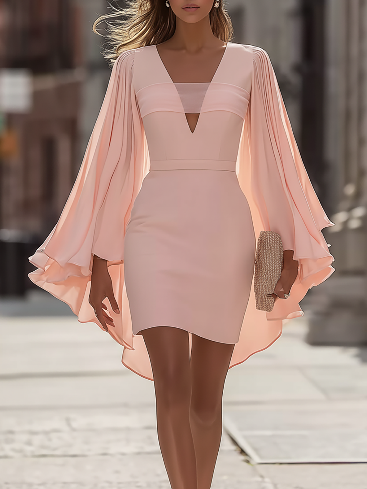 Stylish Blush Fitted Dress With Voluminous Pleated Bell Sleeves