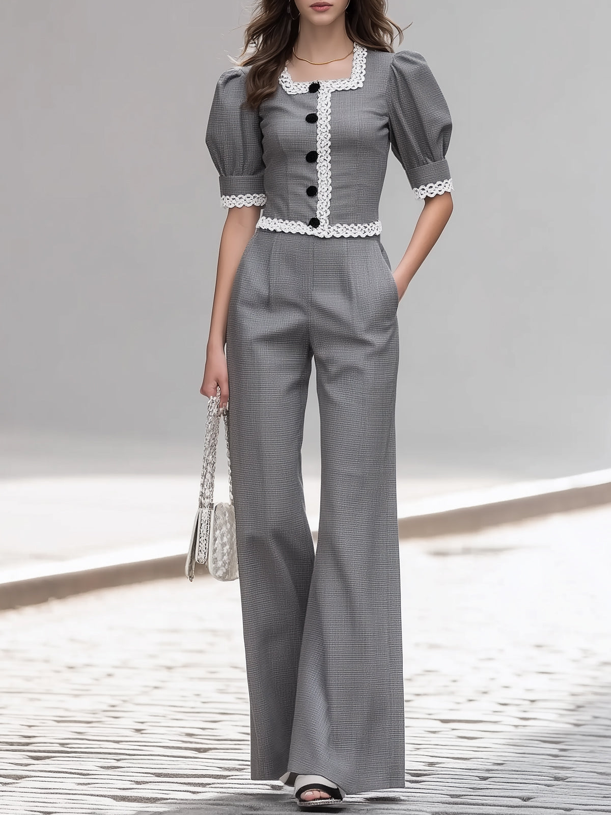 Lace-trimmed Puff Sleeve Wide-leg Suit