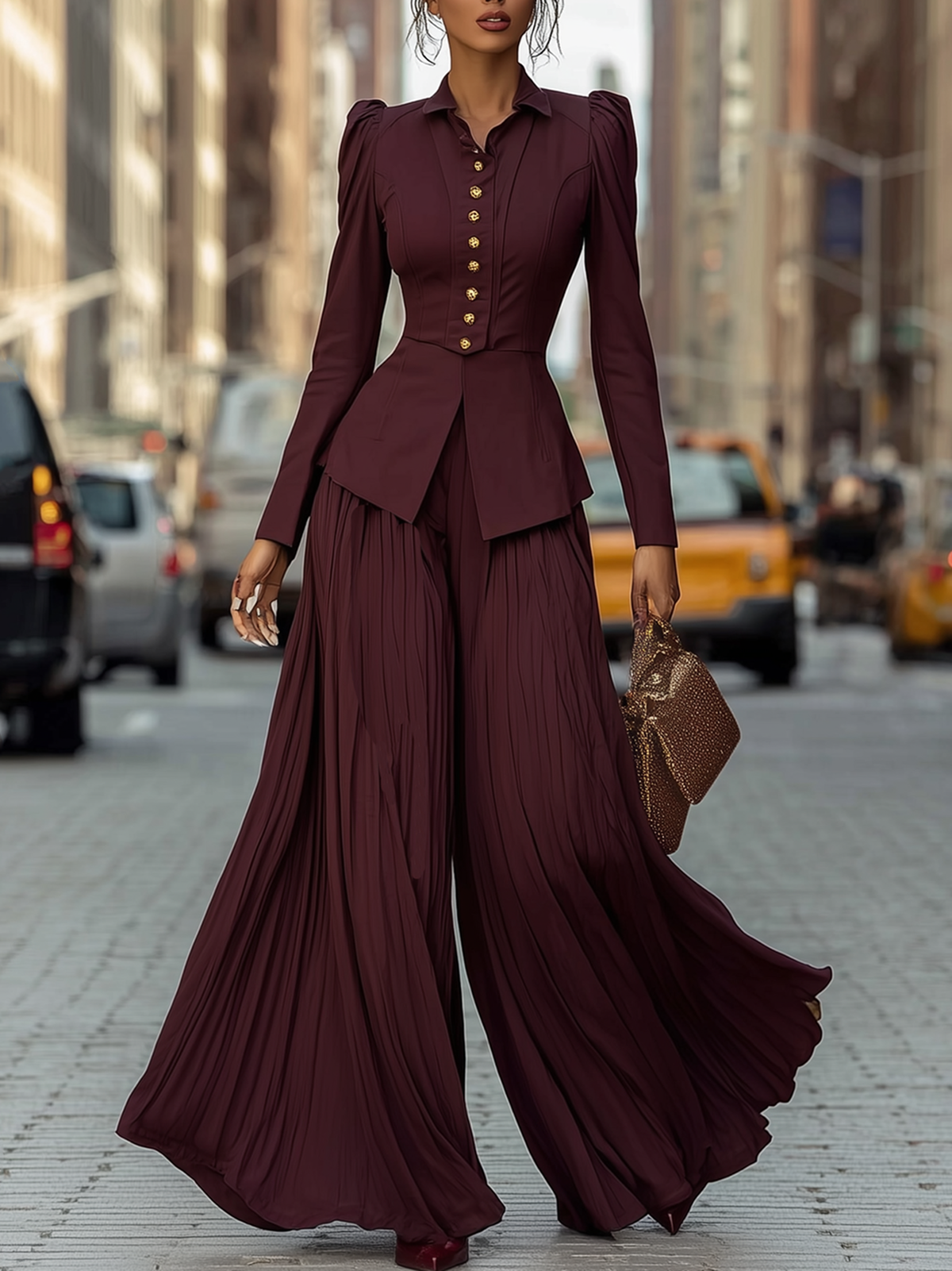 Burgundy Puff Shoulder Blazer And Pleated Maxi Pants Set