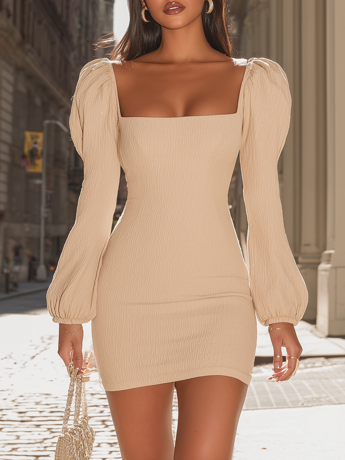 Light Apricot Square-neck Puff-sleeve Textured Mini Dress