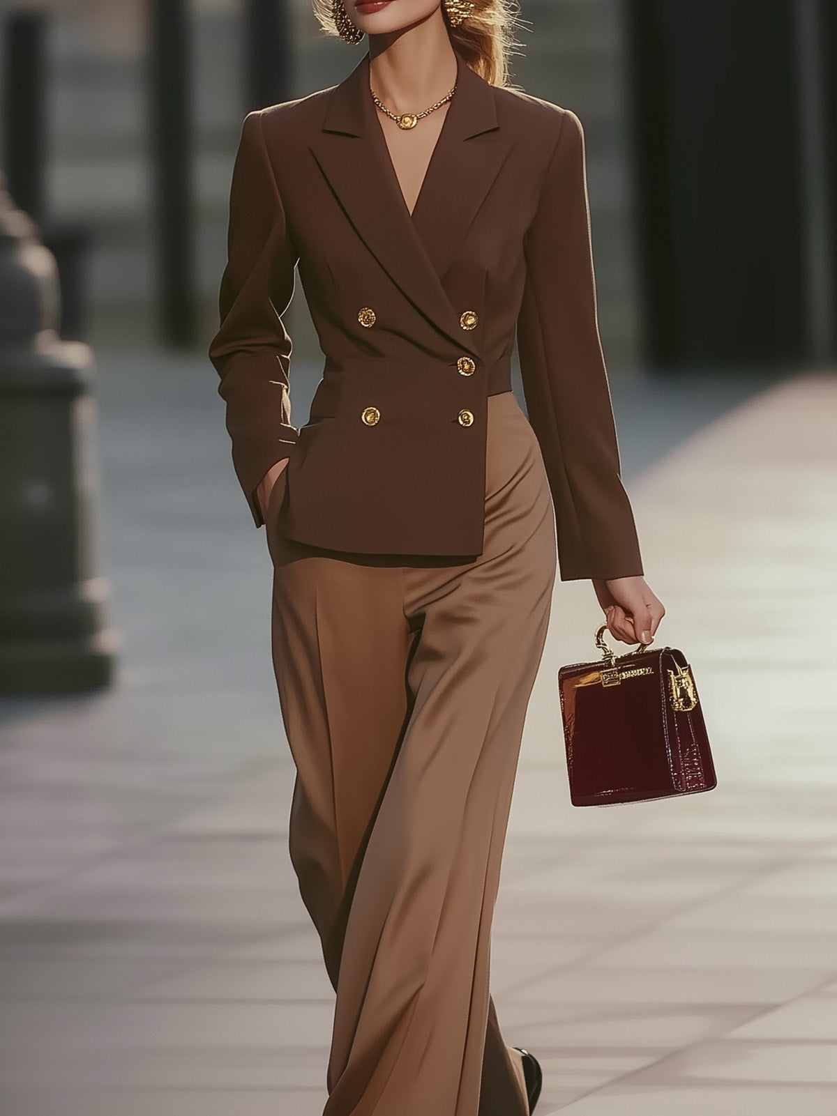 Brown Suit Asymmetric Hem & Color Contrast
