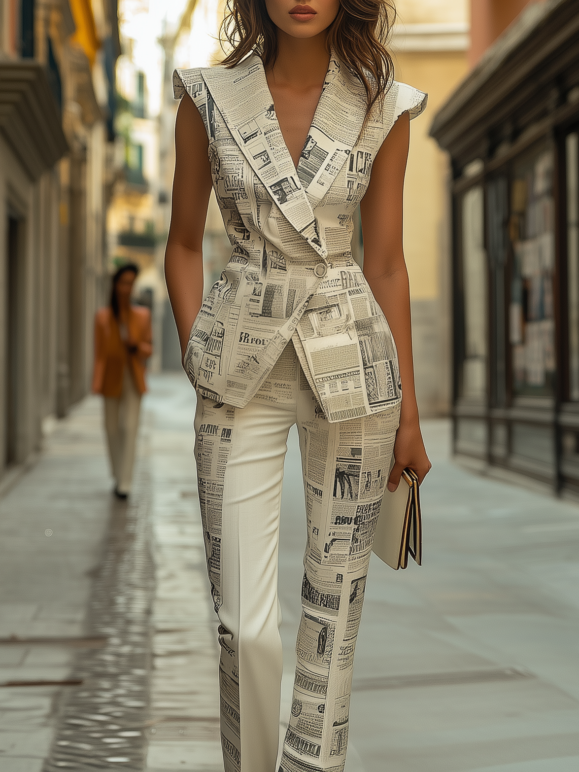 Newspaper Print Sleeveless Peplum Vest Set