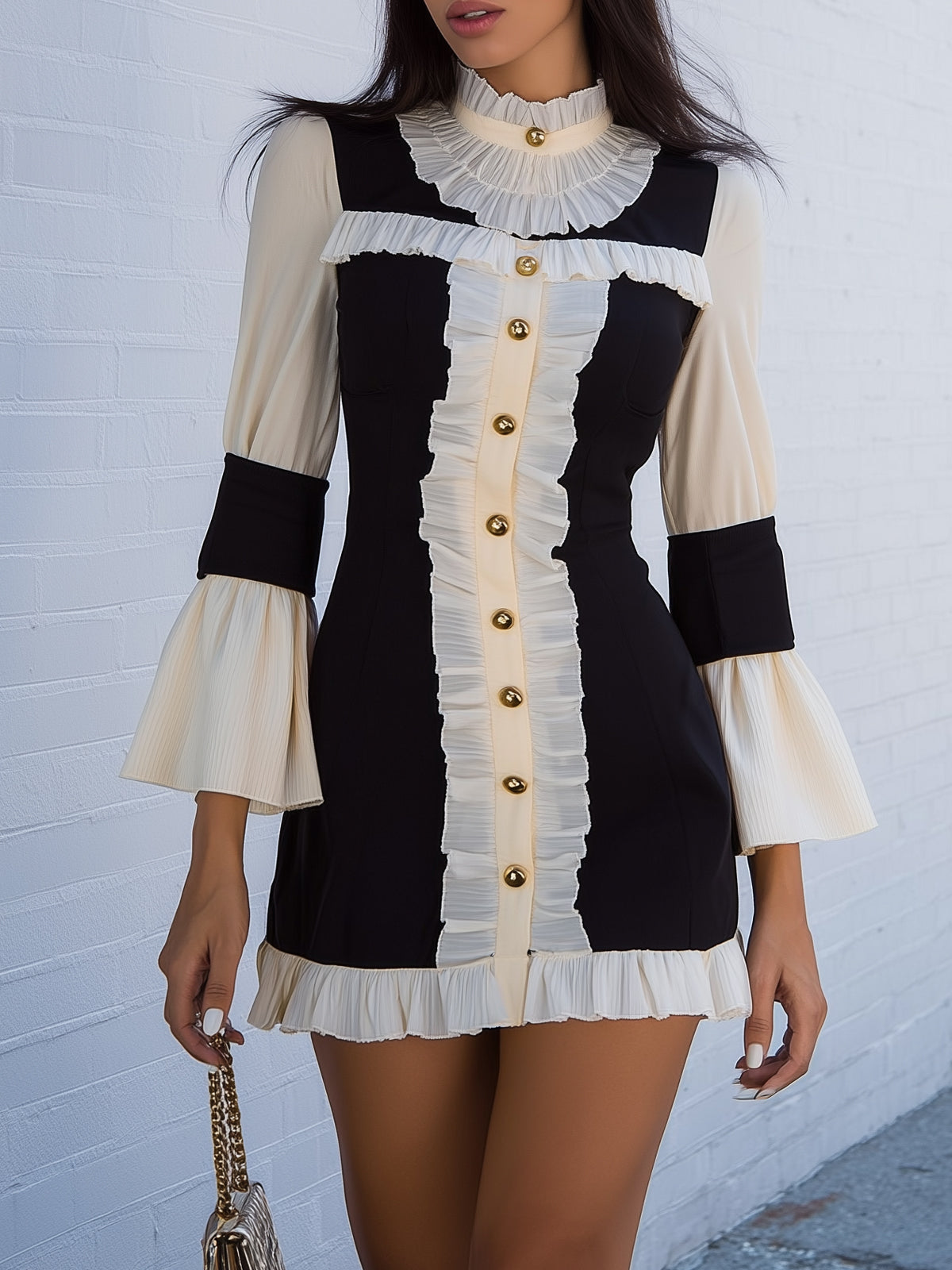 Black And White Color-blocked Ruffled Bell Sleeve Dress