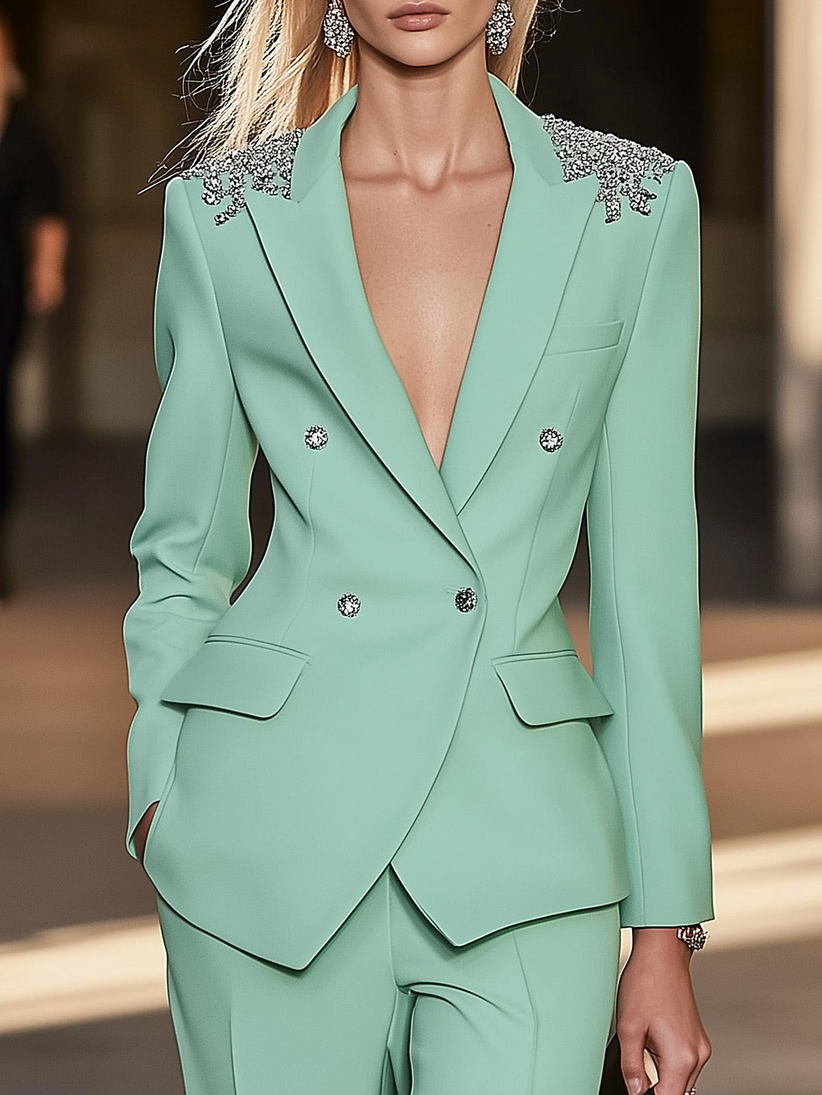 Mint Green Blazer With Silver Shoulder Diamonds