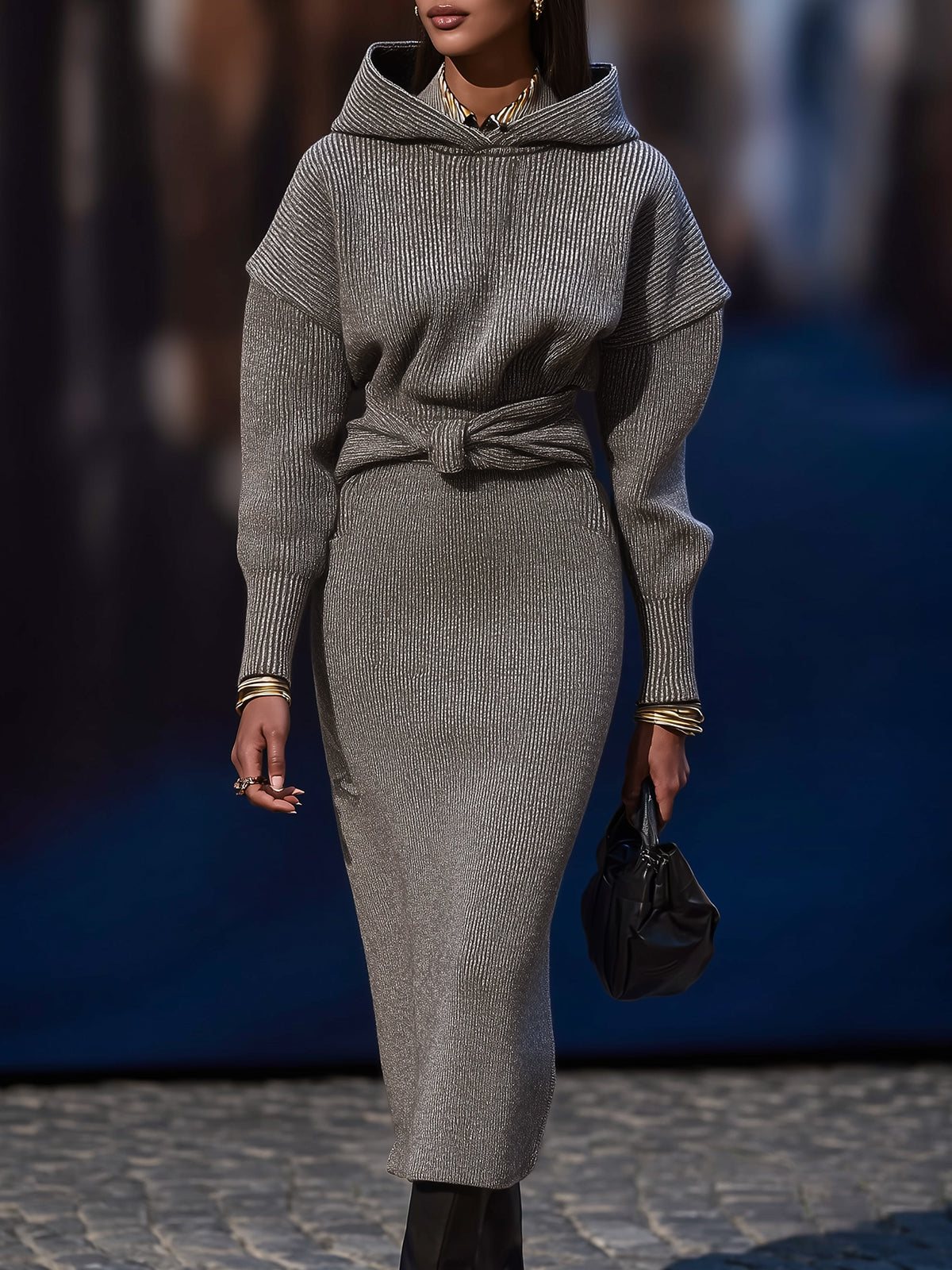 Grey Knitted Hooded Dress
