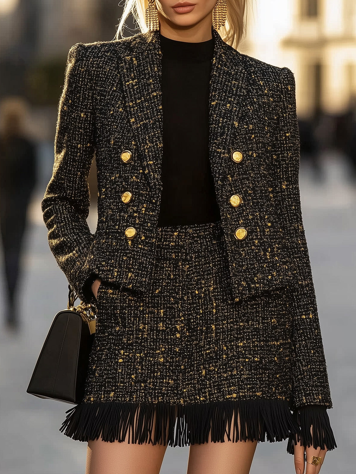 Tweed Skirt Set Blazer With Fringe