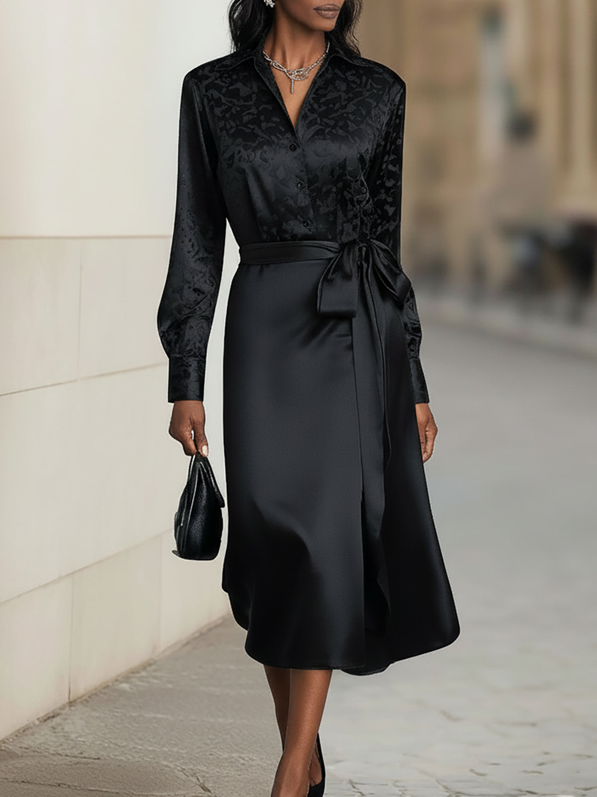 Elegant Satin Dark Pattern Shirt Black Midi Skirt Ensemble