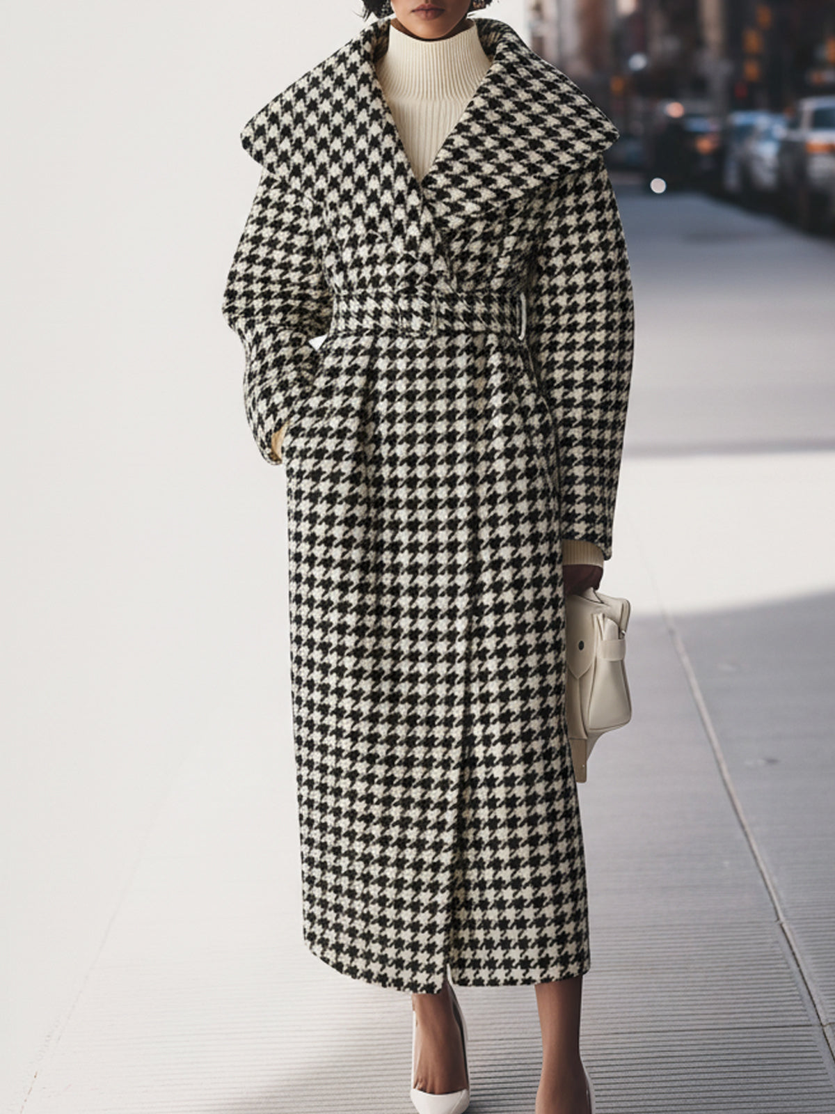 Houndstooth Long Wool Coat