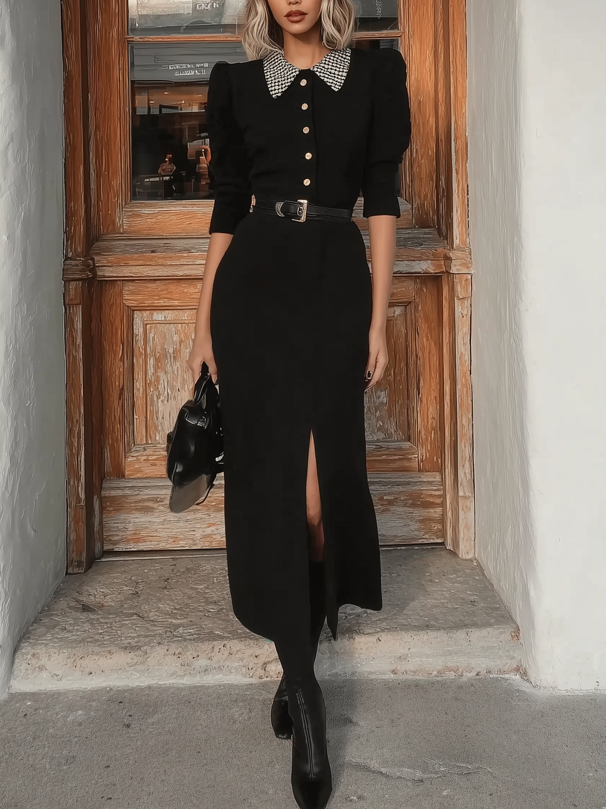 Black Midi Dress With Contrast Collar And Front Slit