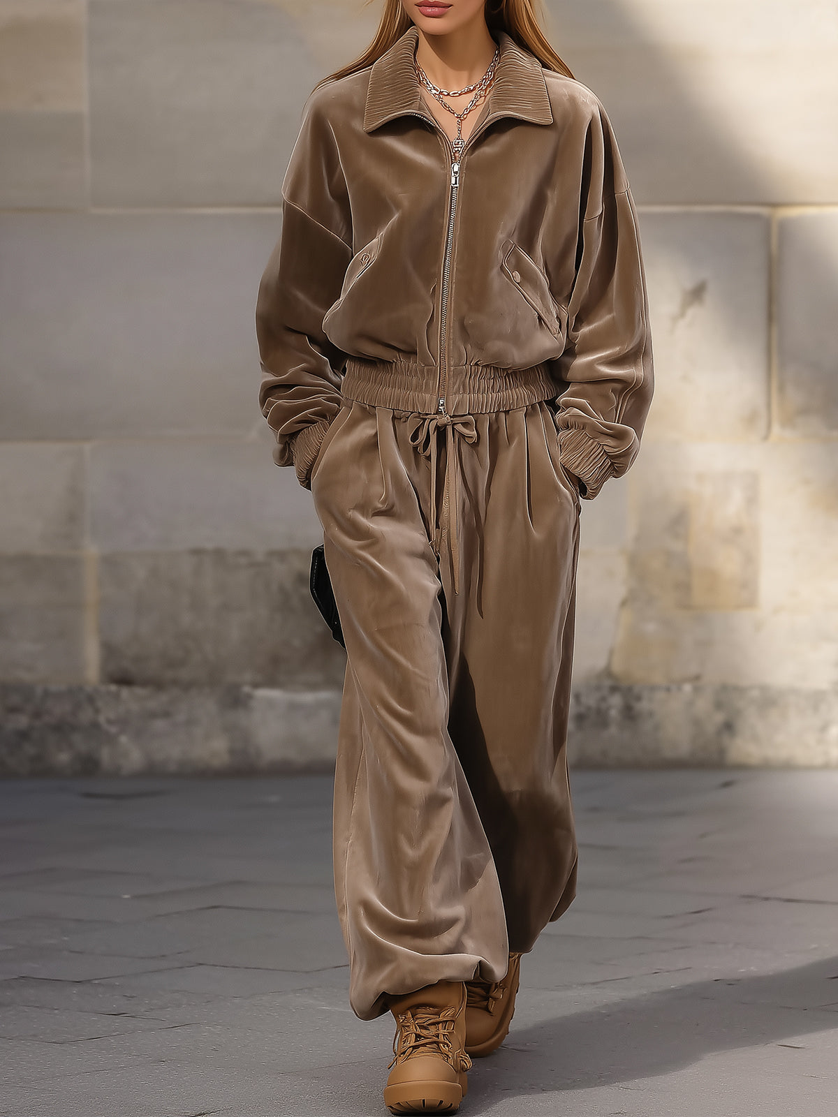 Khaki Brown Velvet Set With Cuffed Details