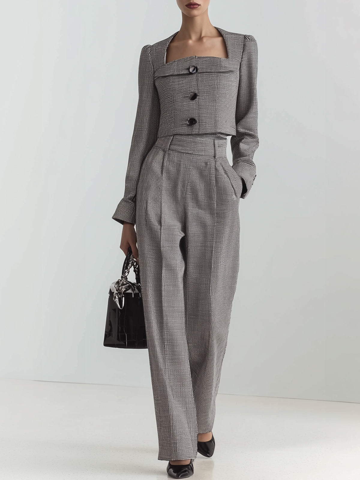 Gray Plaid Short Temperament Set