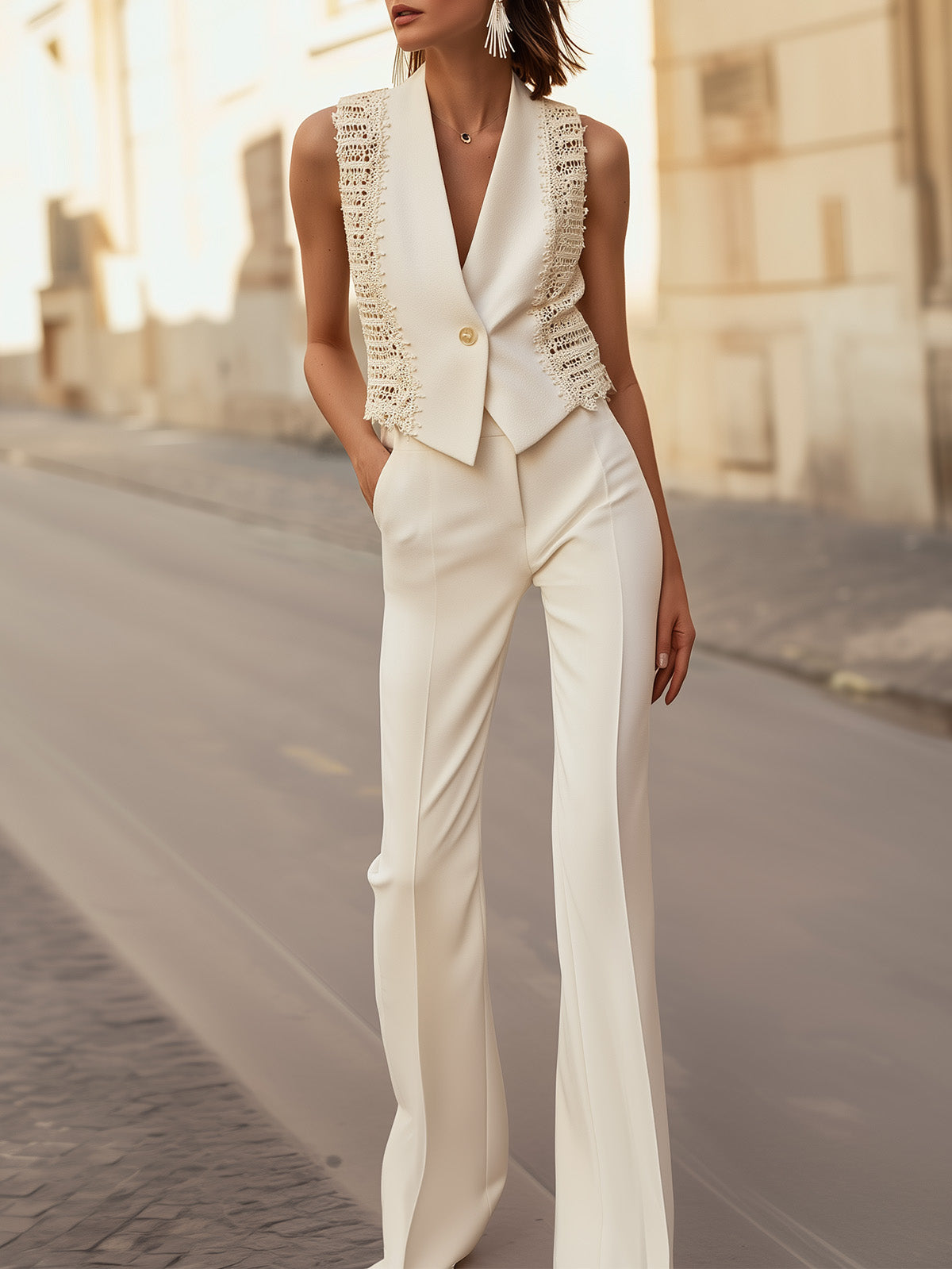 Chic White Vest Suit Boasting Lace Accents