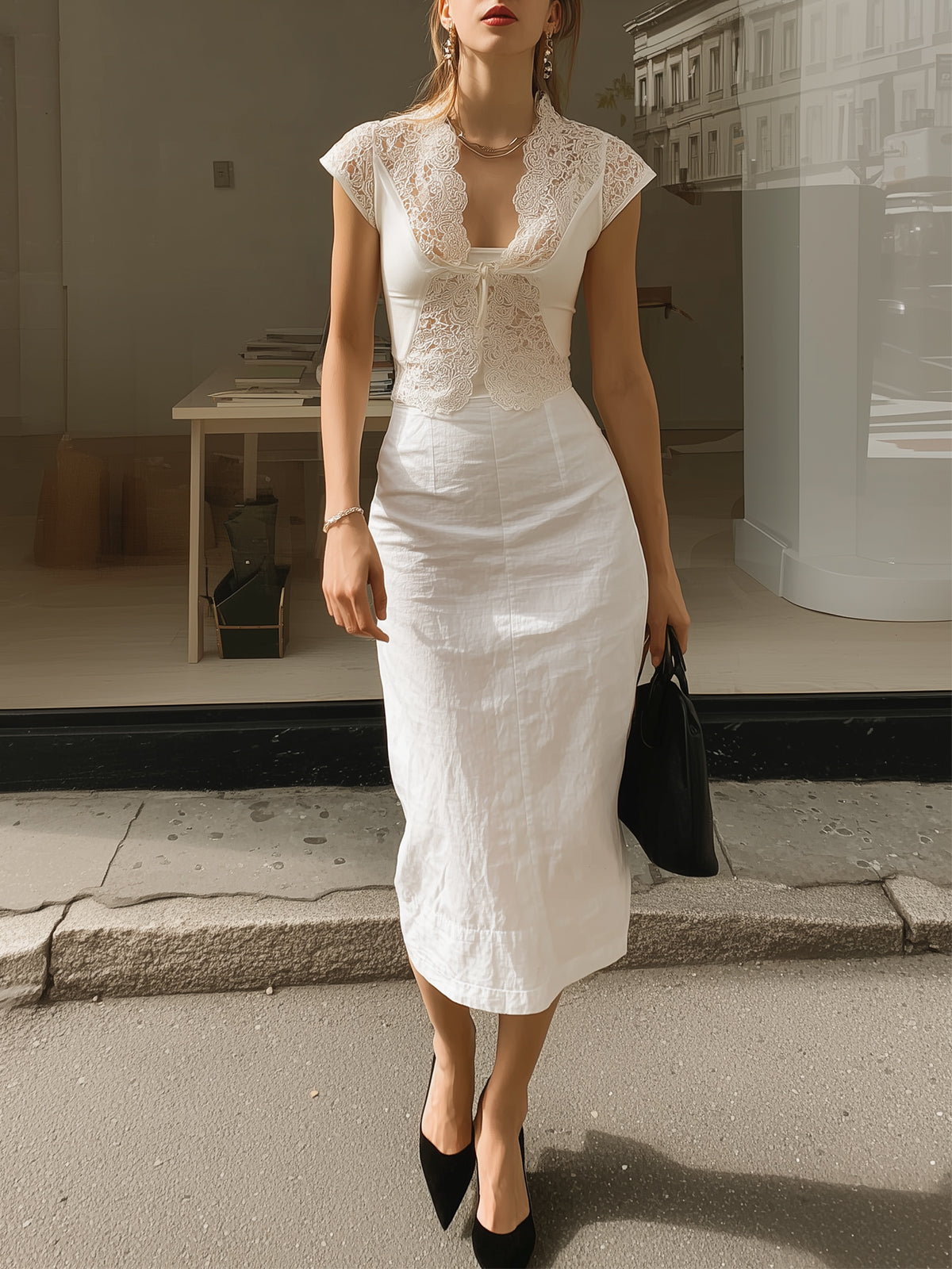 Elegant White Lace Top Midi Skirt Set