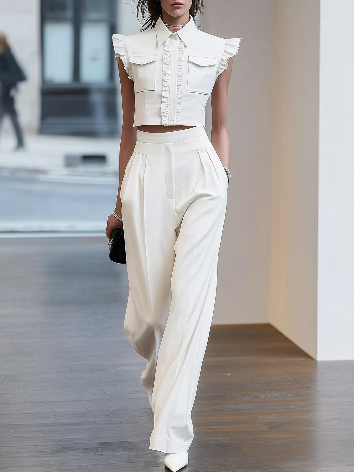 White Ruffle Sleeve Crop Top Wide Leg Pants Set