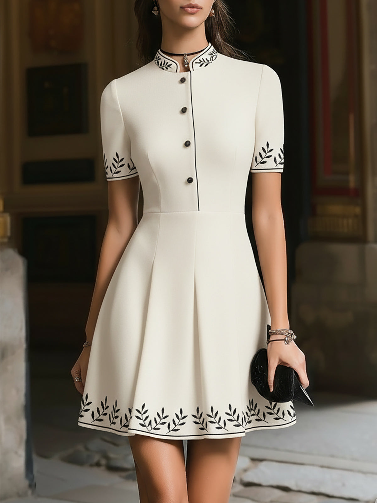 Elegant Cream Dress With Embroidery Trim