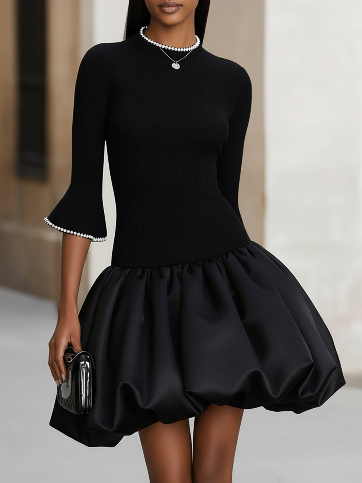 Elegant Black Knit Dress With Satin Puff Skirt
