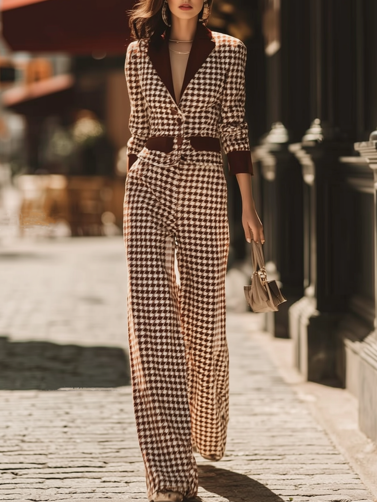 Houndstooth Blazer And Wide - Leg Pants Set