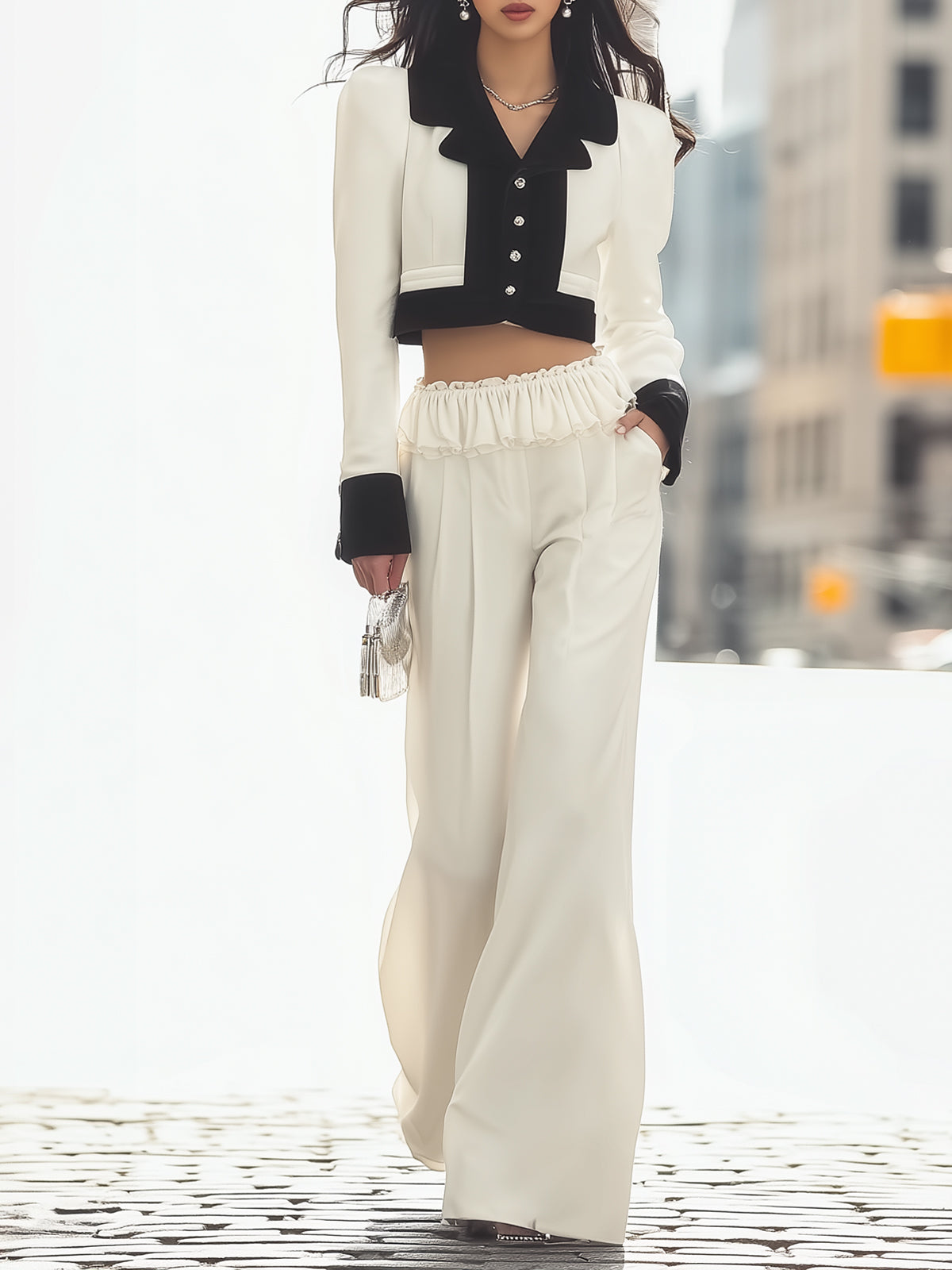 Short Suit Jacket With Ruffled Waist And Wide-leg Pants Set