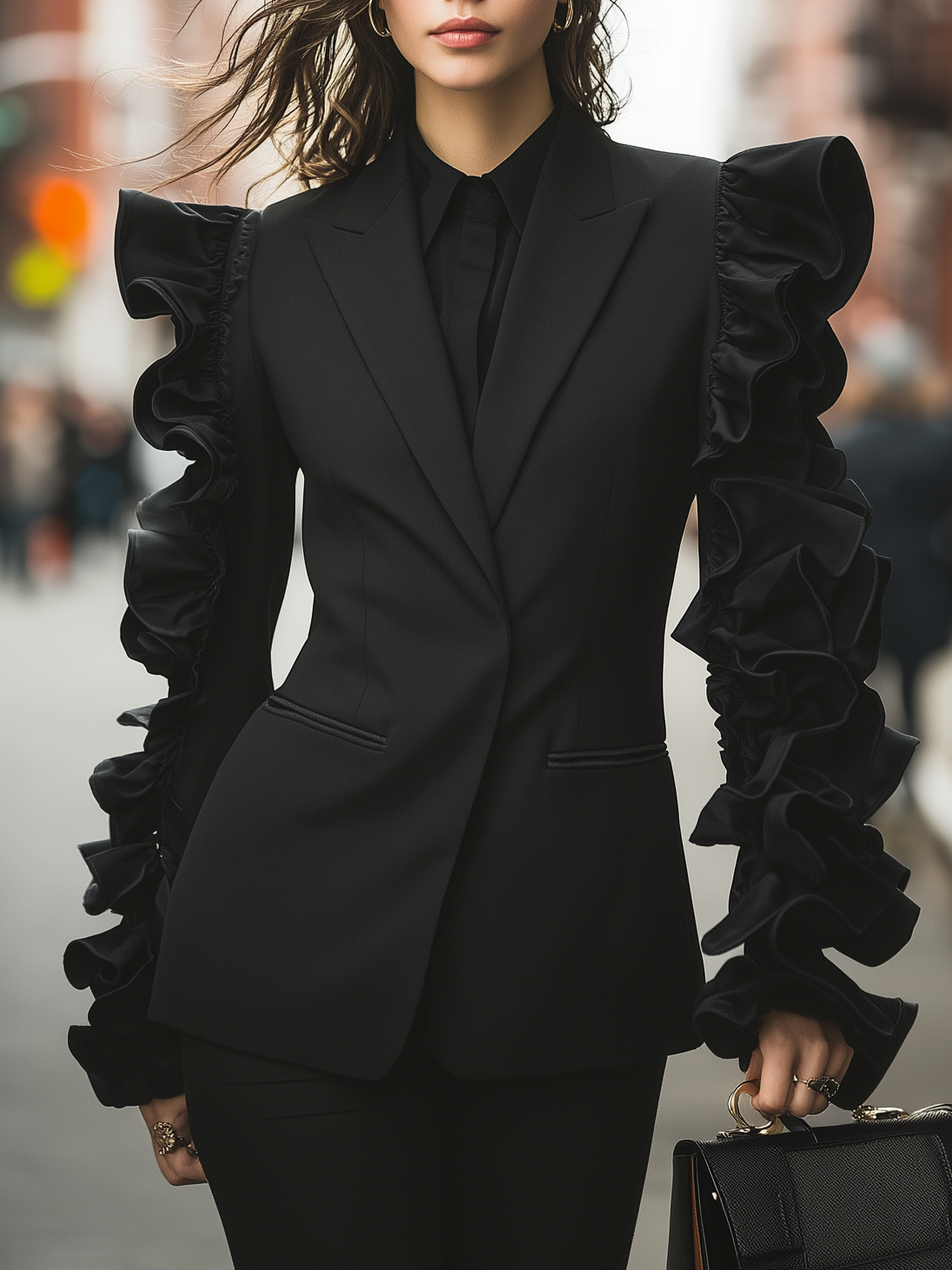 Black Suit With Ruffled Sleeve Detailing Tailored Fit