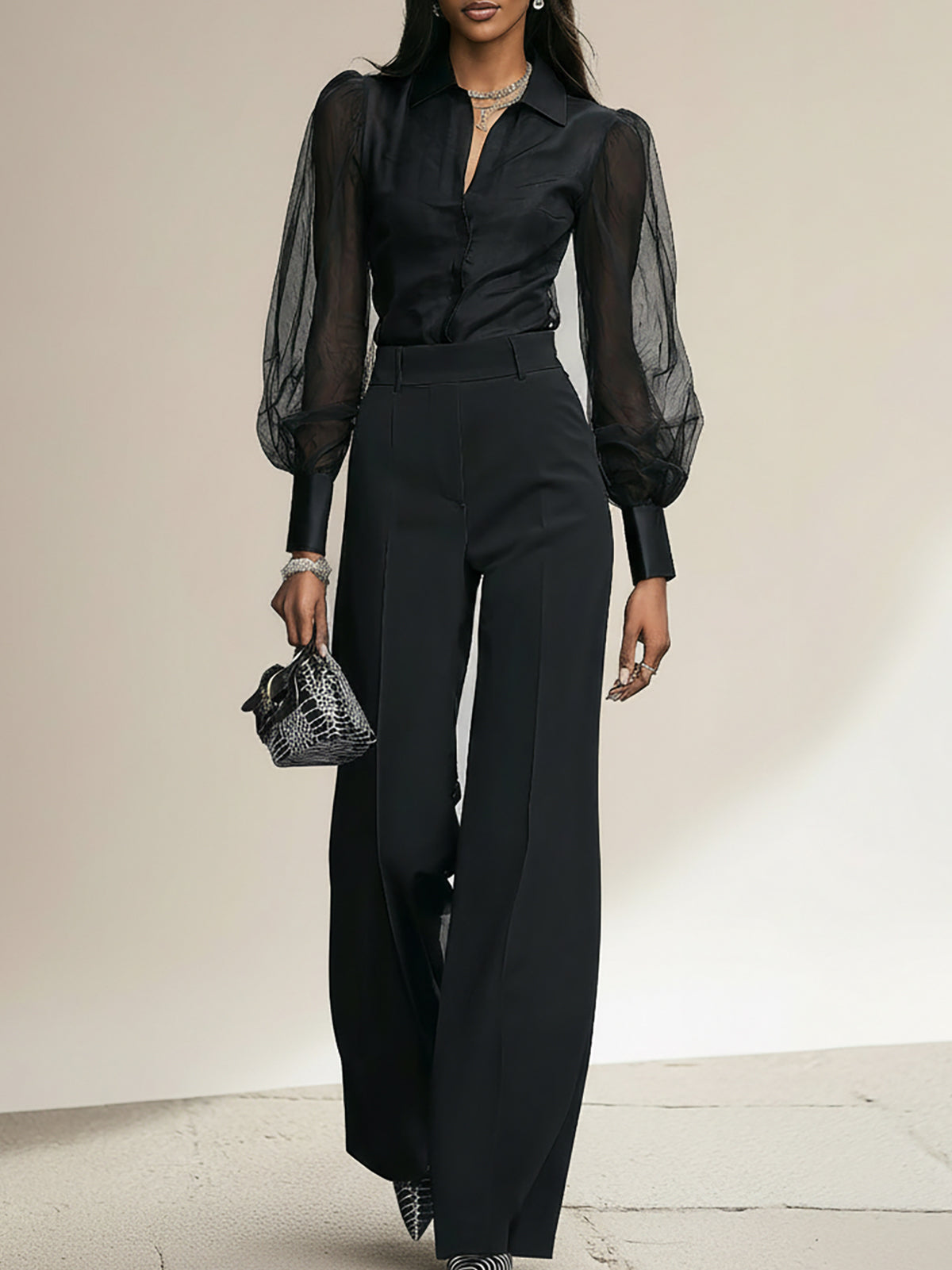 Black Sheer Sleeves Blouse Wide Leg Pants Set