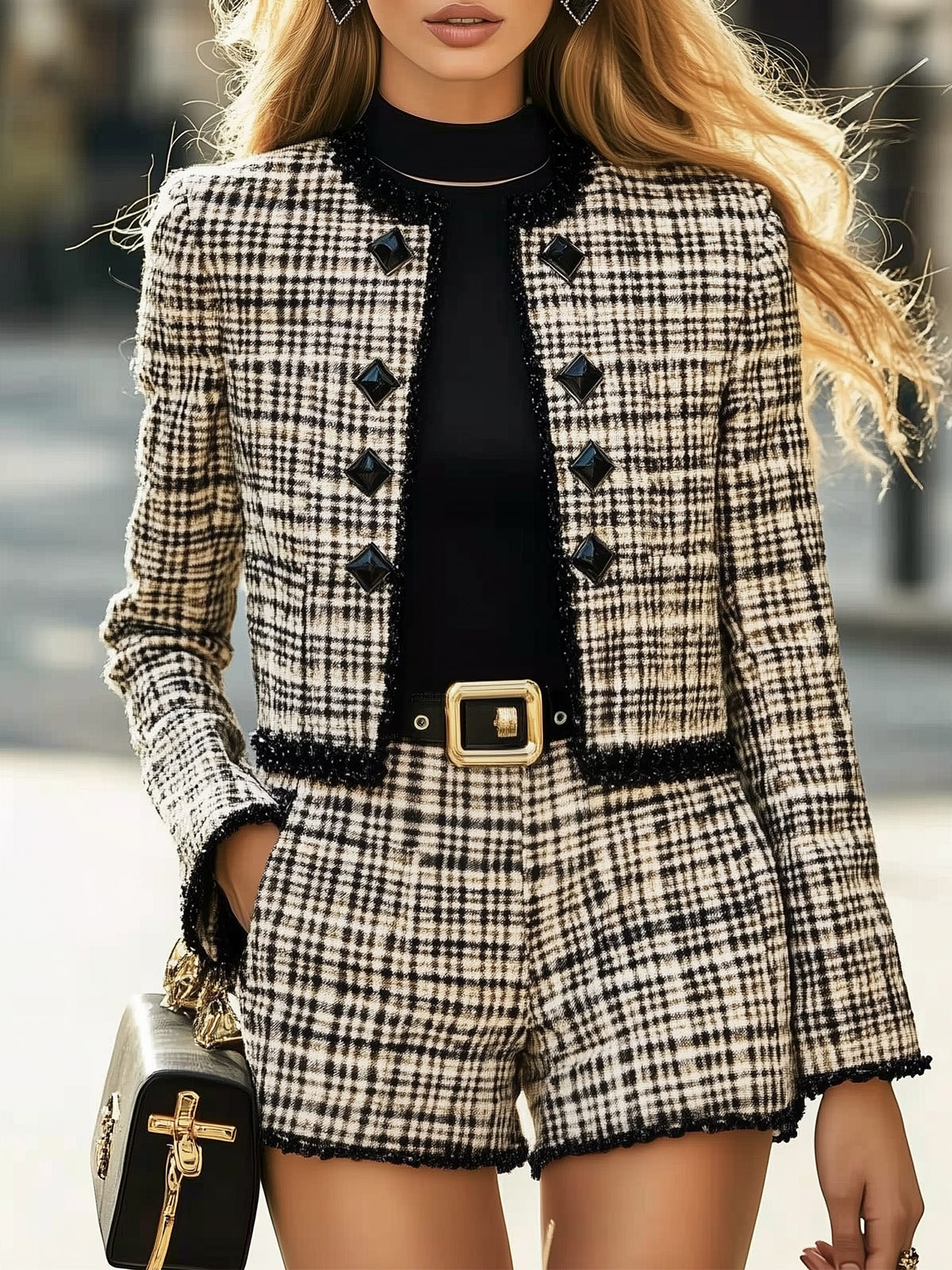 Black White Tweed Jacket Short Set Without Belt