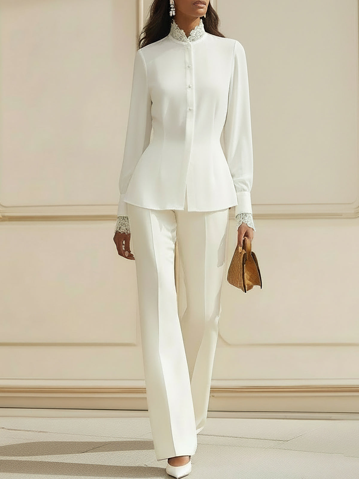 Cream Lace Trimmed Sheer Blouse And Wide Leg Pants Set