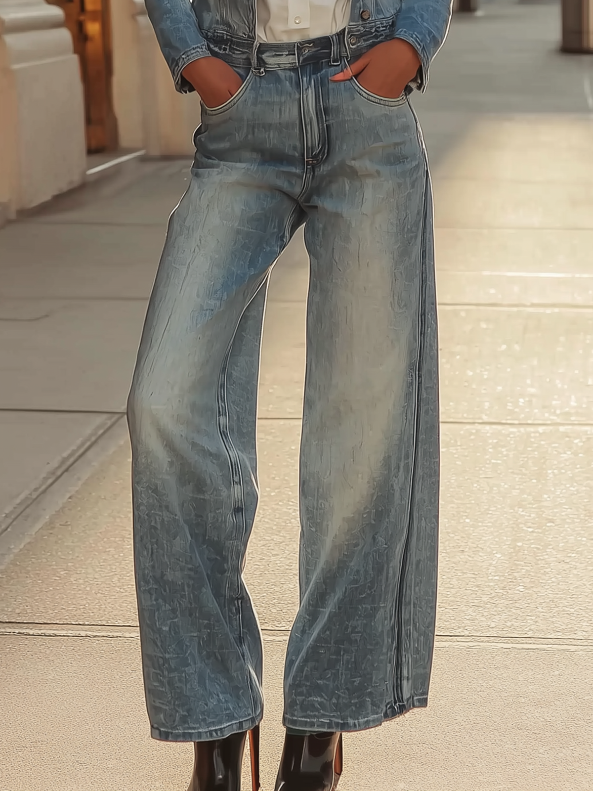 Light Blue Wide-Leg Jeans With Vintage Wash And High Waist