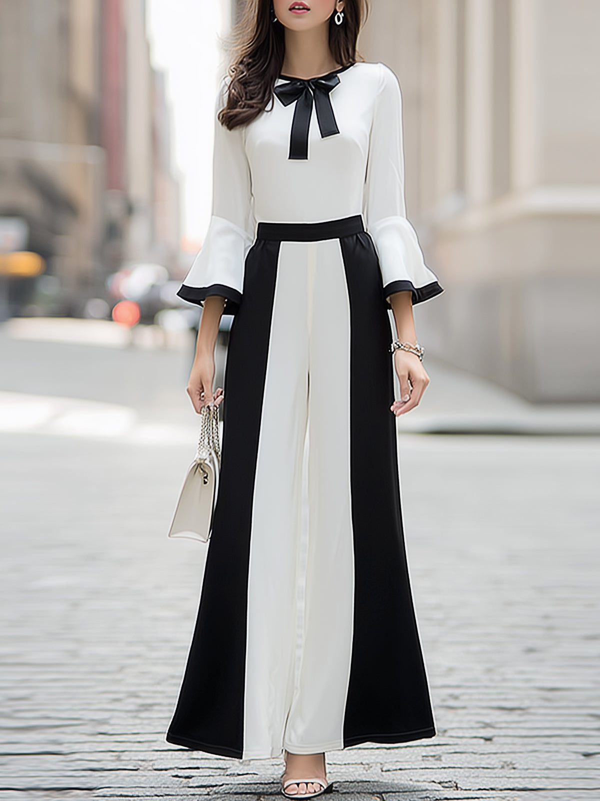 Black And White Color-blocked Bow-tie Flared Sleeve Wide-leg Pants Suit