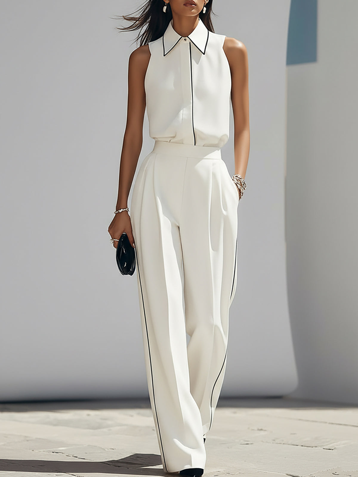 Elegant Cream Sleeveless Top And Wide Leg Pants Set