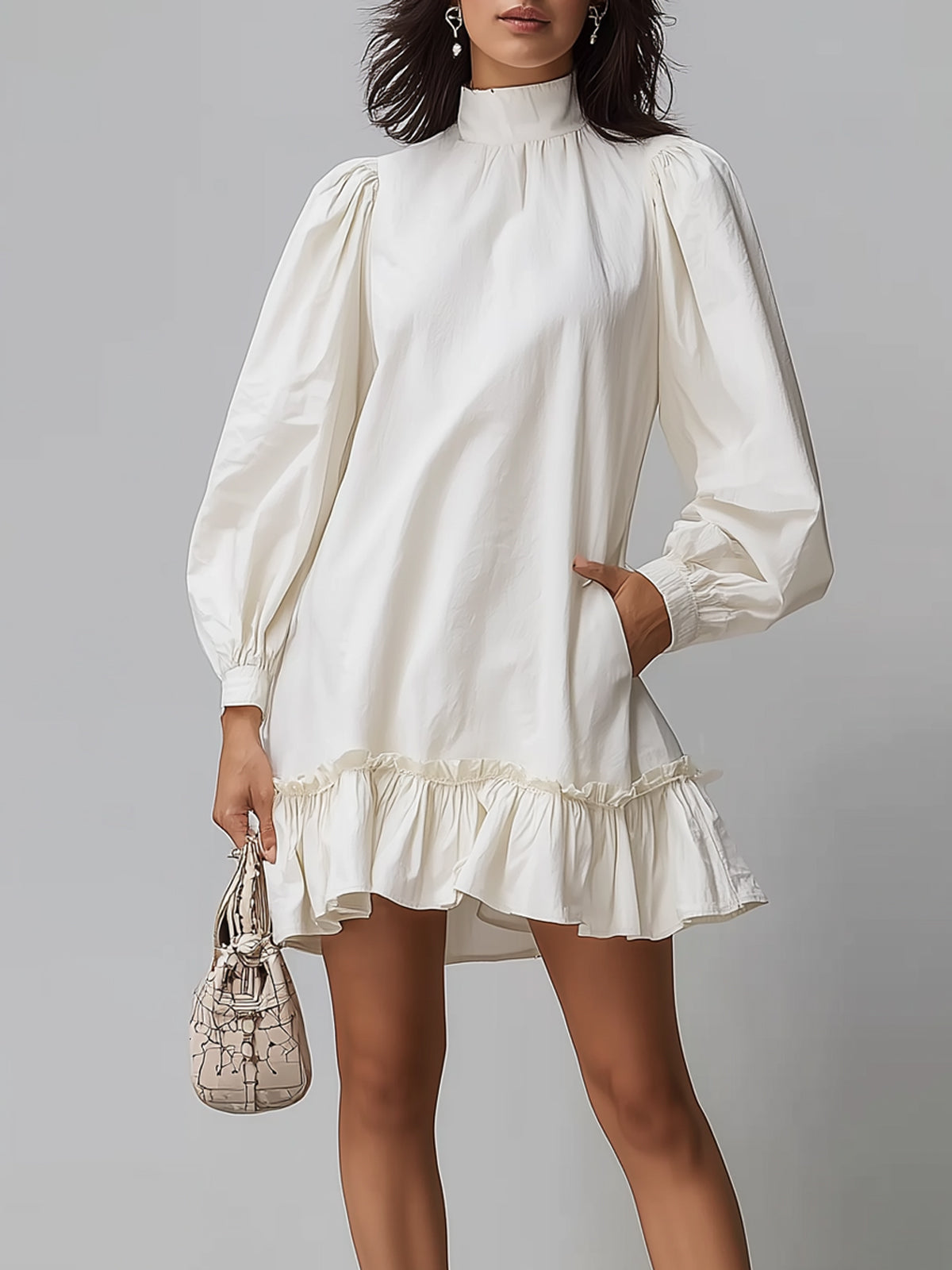 Elegant Cream-white High-neck Puff-sleeved Mini Dress