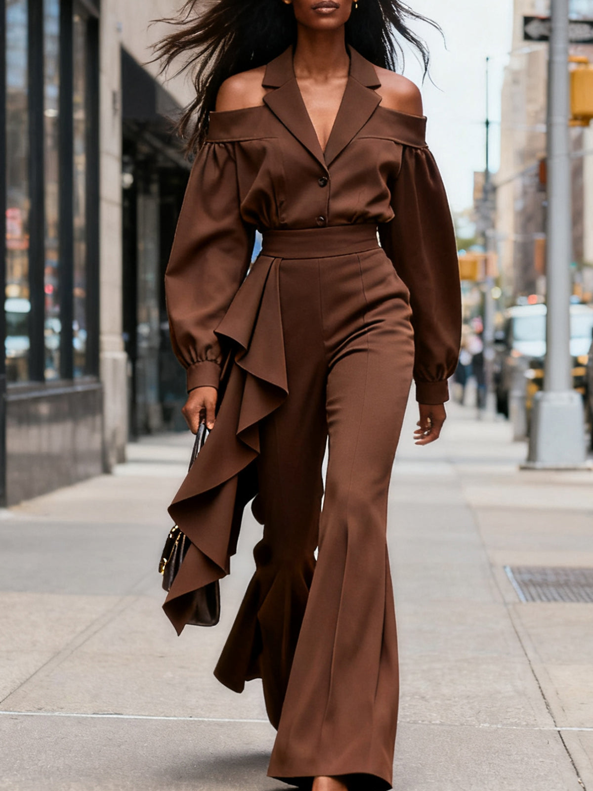 Caramel-colored Off-shoulder Suit Collar Ruffled Wide-leg Pants Set