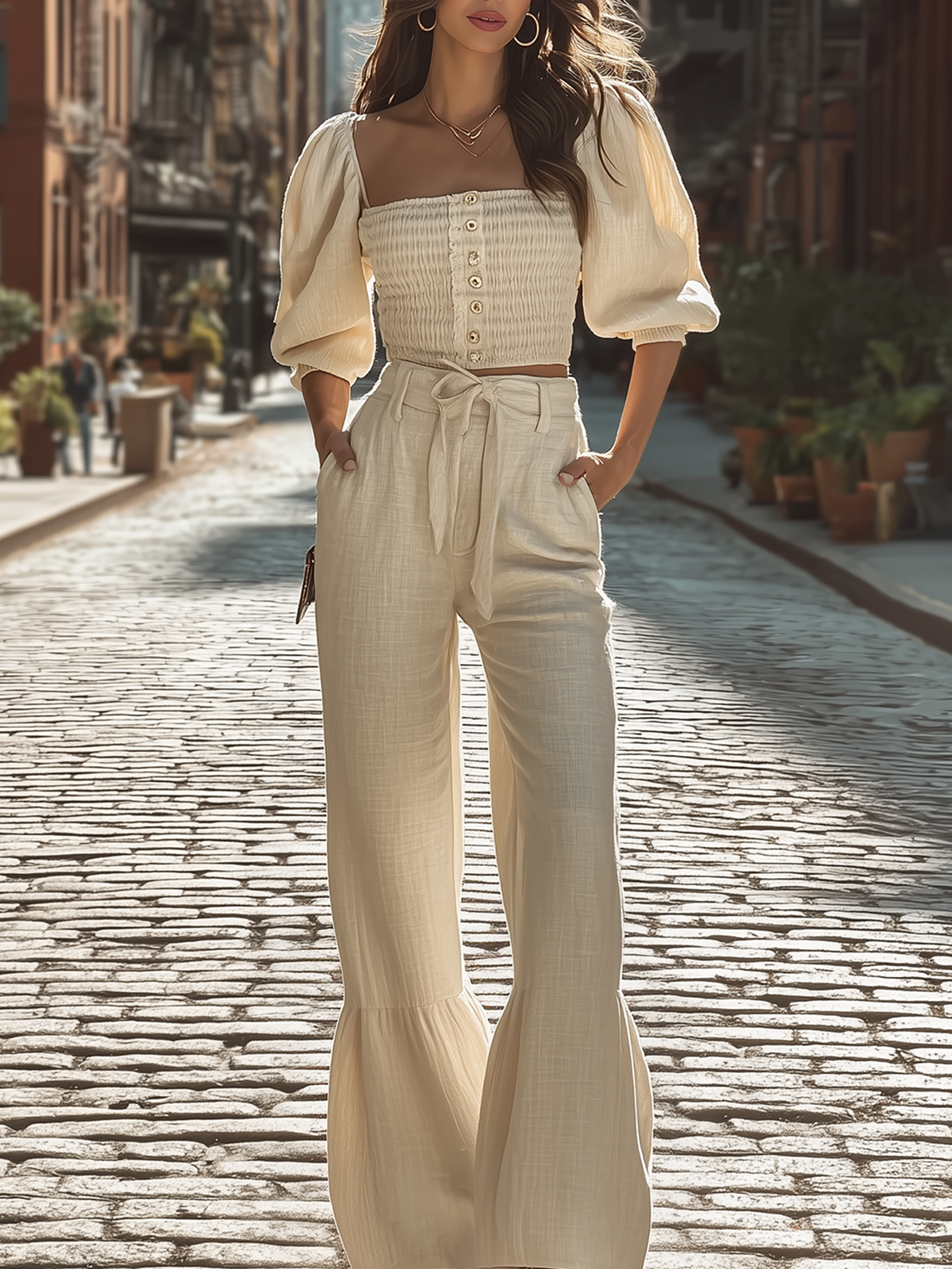 Chic Square Neck Puff Sleeve Top With Wide Leg Pant Set