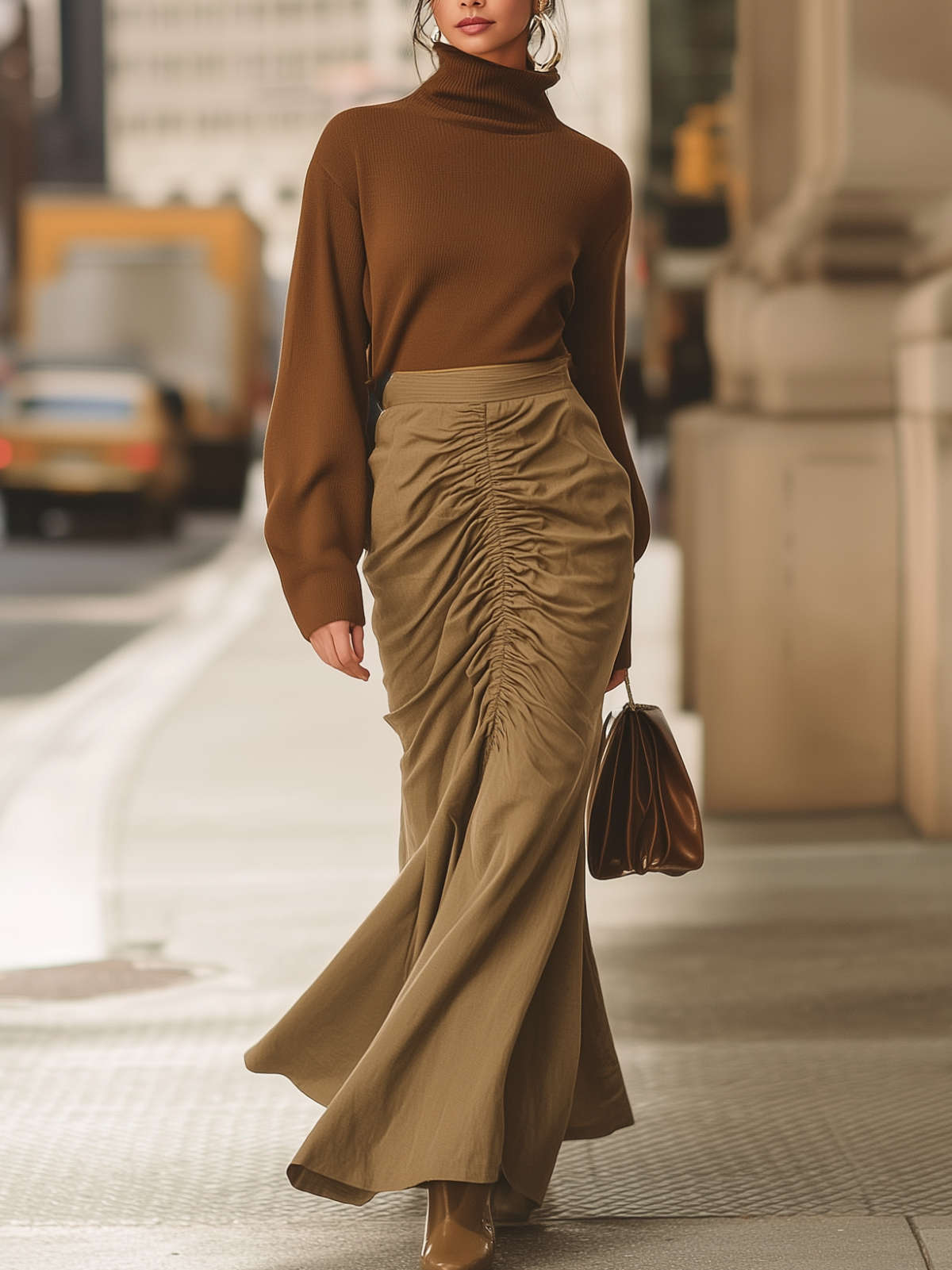 Brown Turtleneck Sweater And Ruched Midi Skirt Set