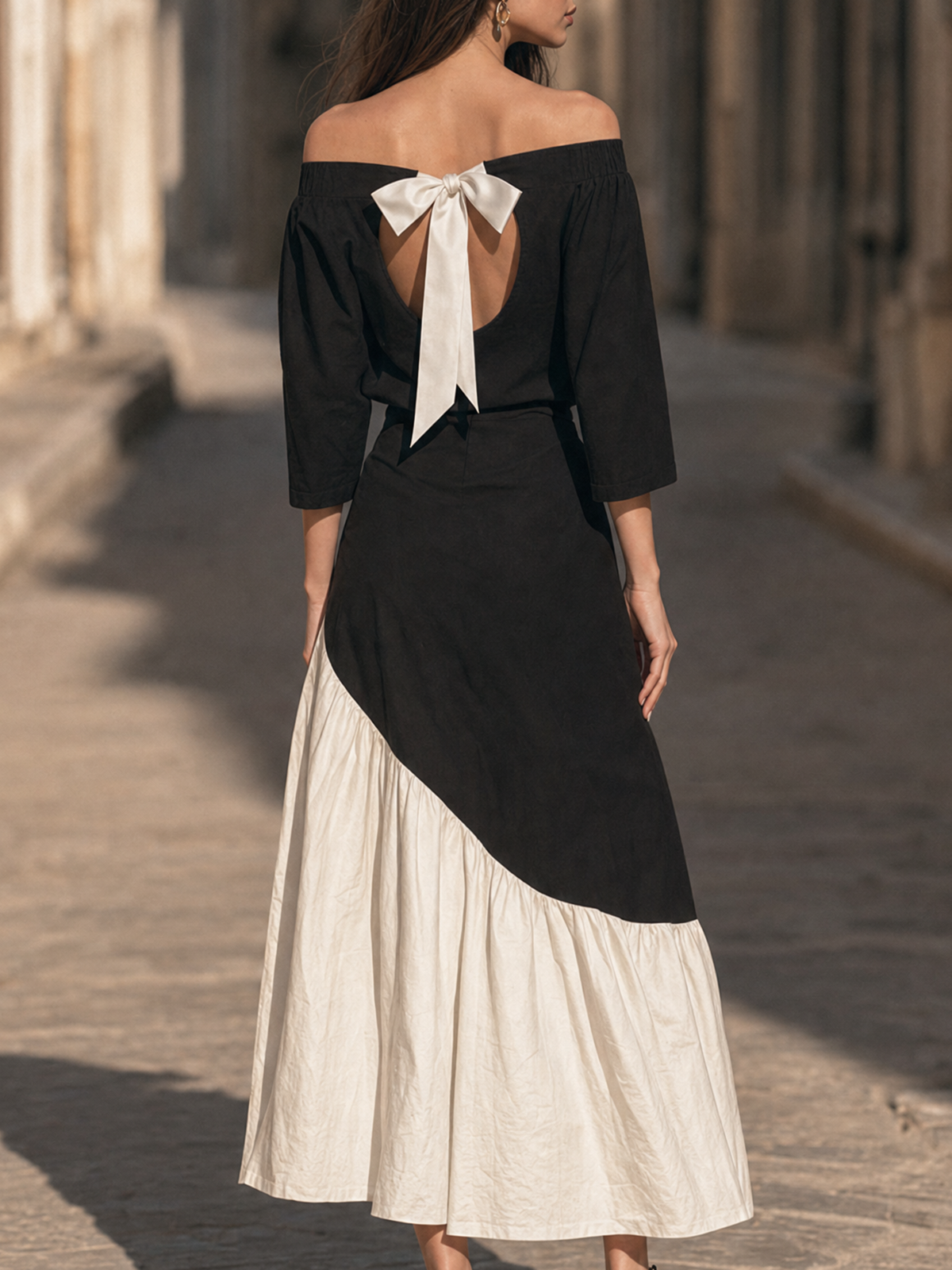 Black Off Shoulder Color Block Midi Dress With Back Bow